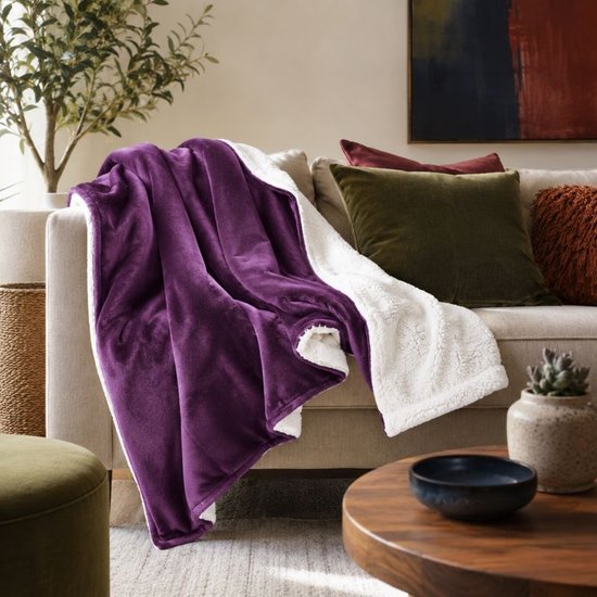 Ceruzo Sherpa-Fleece-Decke 150 x 200 cm – Pflaumenviolett – Weiche Decke – Waschbar bei 30 °C