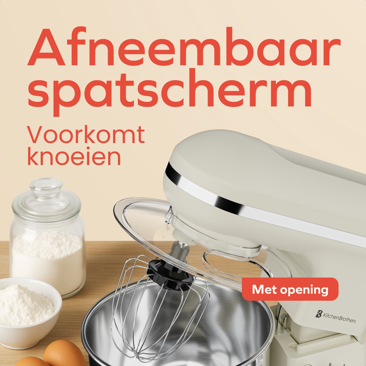 KitchenBrothers Küchenmaschine - 1200W - 5L Rührschüssel - 6 Geschwindigkeiten + Pulse - Küchenroboter mit Knethaken, Schneebesen & Rührhaken - Champagner