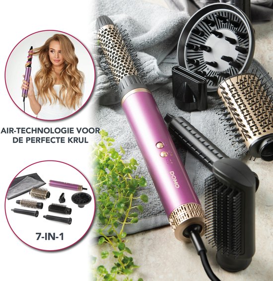 DOMO DO54782HS 7-in-1-Airstyler – Föhnbürste – Multistyler – Lockenbürste – Glättbürste – Föhn mit 7 Aufsätzen – Lila/Gold