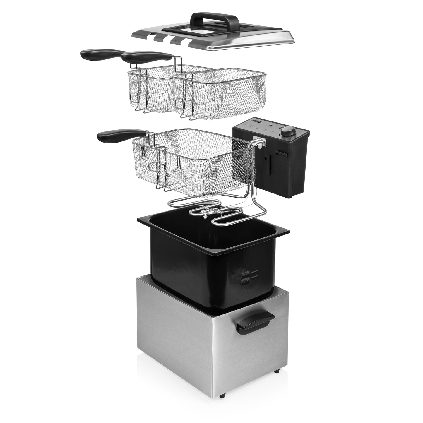 Princess 185000 Fritteuse – 5 l – 3270 W – 3 Frittierkörbe – Edelstahl/Schwarz