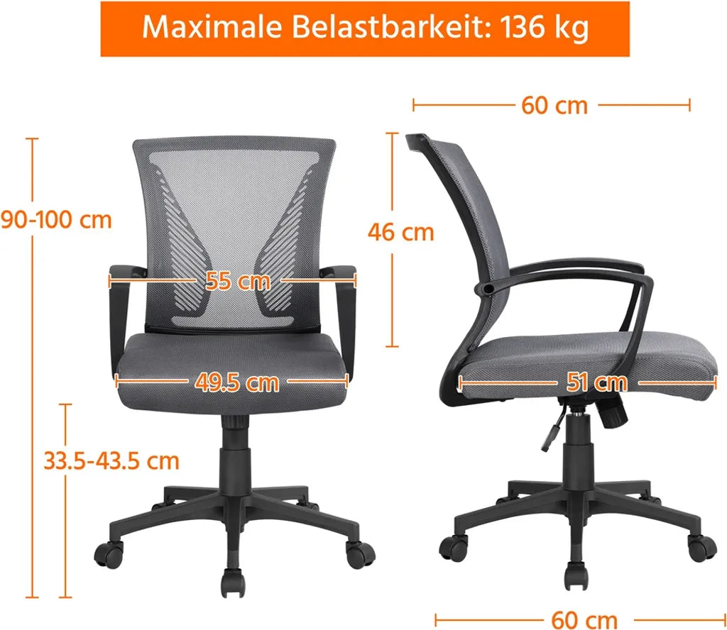 Yaheetech Bürostuhl aus Netzgewebe, Dunkelgrau