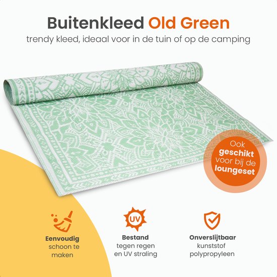 Goliving Outdoor Teppich Sommer Flora - 183x290CM - Gartenteppich - Outdoor Teppich - Teppich - Gartenteppich - Reversibel - Inkl. Tragetasche - Grün/Weiß