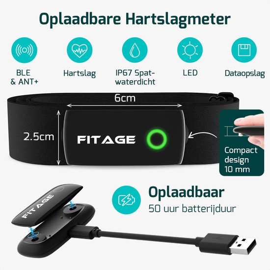 FITAGE Heart Rate Monitor XL HRM-DUAL - Herzfrequenzmessband mit Bluetooth und ANT+ Sensor - wiederaufladbare Batterie