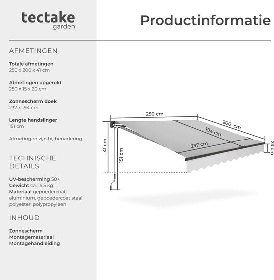 tectake® Sonnenschirm mit Gelenkarm - 250 x 200 cm - Markise - Sonnenschutz für Fenster, Balkon, Außenbereich - Wandmontage - Wasser- und UV-beständig - Hellgrau
