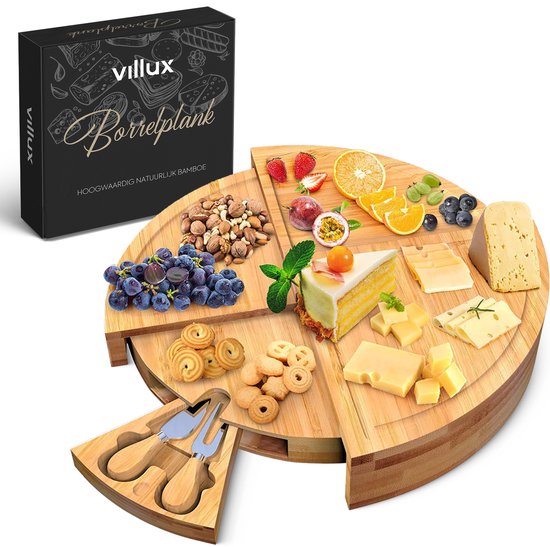 Villux Tapas-Brett – Snack-Brett – Servierbrett – Käsebrett – Häppchenbrett – inklusive Käsemesser – Tapas-Brett aus Bambus – rundes Snack-Brett – inklusive E-Book – ø 38 cm