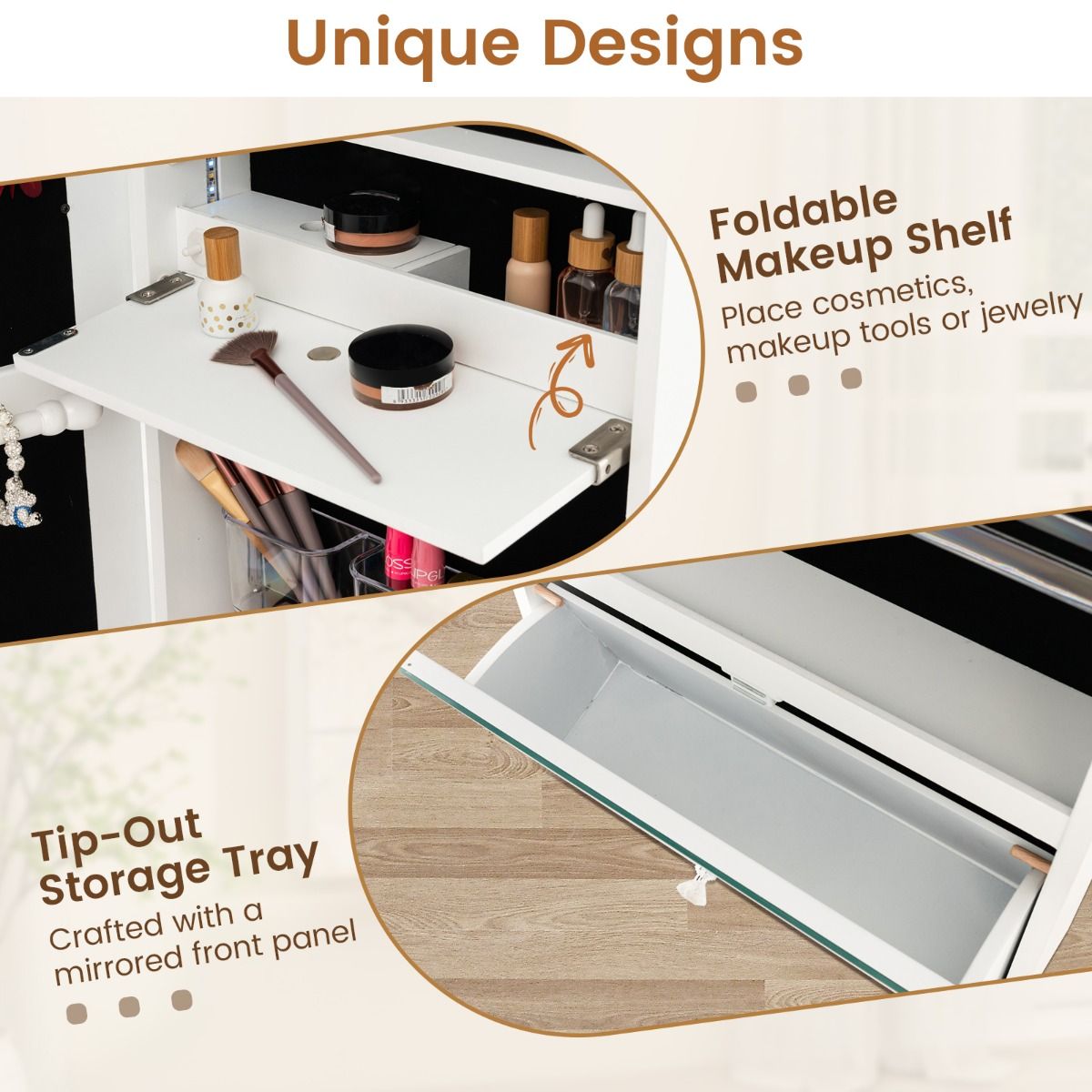Coast Schmuckschrank - mit Spiegel - LED-Beleuchtung - 120 x 37 x 11 cm - Weiß