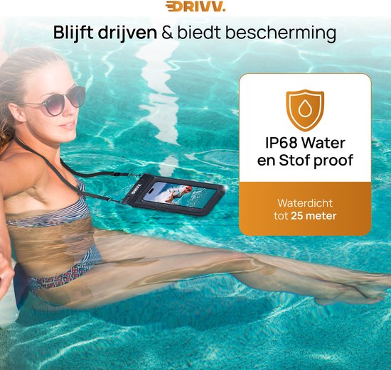 Drivv. Luxuriöse wasserdichte Handyhülle – schwimmfähig – doppelter Clipverschluss – zusätzlicher Schwamm – für Handys bis zu 6,8 Zoll – Unterwasser-Handyhülle – Schwarz