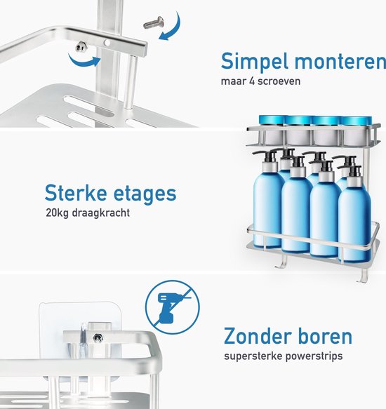 Happy Goods 2-stöckiges Duschregal ohne Bohren - Badezimmerregal - Duschregal silber hängend - Inkl 2 Haken - Badezimmerzubehör - Wandregal