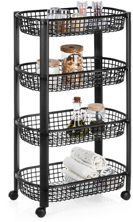 Excellent Houseware Küchenwagen Schwarz – 4-stöckiges Aufbewahrungssystem – 46,5 x 26 x 80 cm