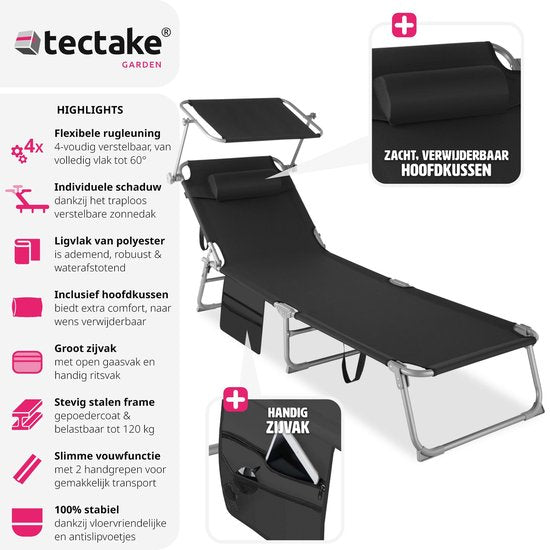 tectake Liege mit Seitentasche und abnehmbarem Kopfkissen - verstellbar - faltbar - 68 x 190 x 28 cm - Schwarz