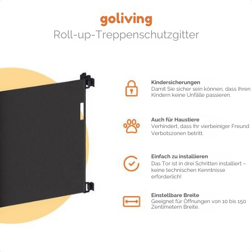 Goliving - Roll-up Treppentor - Kindertor - 10-150 cm - Aluminiumrahmen - Schwarz