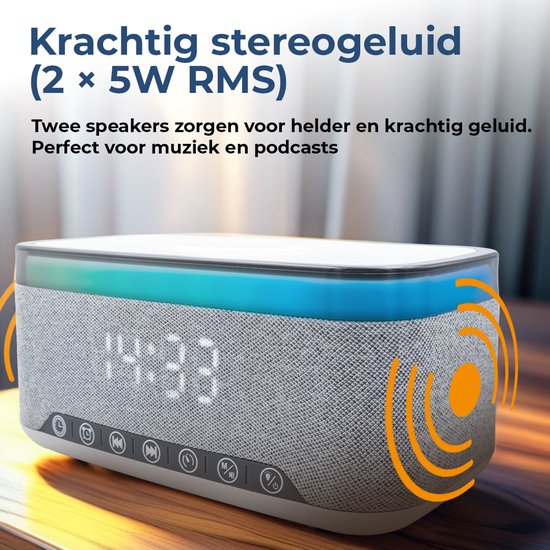 Denver Wecker mit kabellosem Ladegerät - Weißes Rauschen - Digitaler Wecker - Bluetooth - FM-Radio - Dualer Alarm - Dimmer - CRQ225