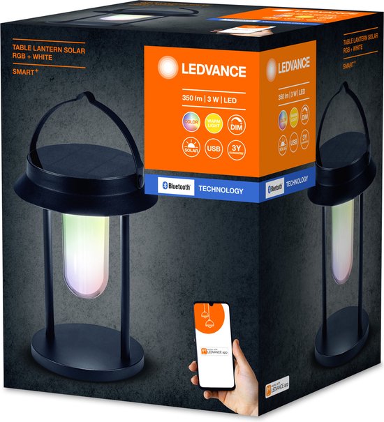 LEDVANCE SMART+ Outdoor Bluetooth-Solar-Tischlampe, mit Weißlicht (3000 K) + Farblicht, netzunabhängig, bis zu 5 Stunden Leuchtdauer bei 100 % Helligkeit, wiederaufladbar, Schutzklasse IP44, schwarz