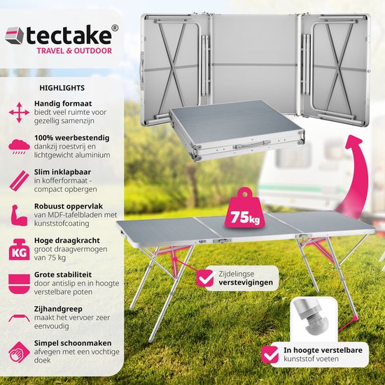 tectakeÂ® - Campingtisch Campingtisch Jumbo klappbar - Aluminiumgestell - 180 x 70 x 70,5 cm