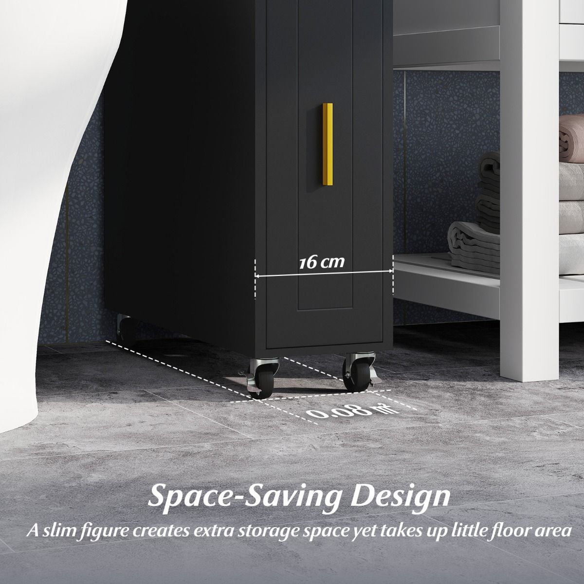 Coast Schmaler Badezimmerschrank mit ausziehbarer Schublade und Toilettenbürstenhalter – 50 x 16 x 69 cm – Schwarz