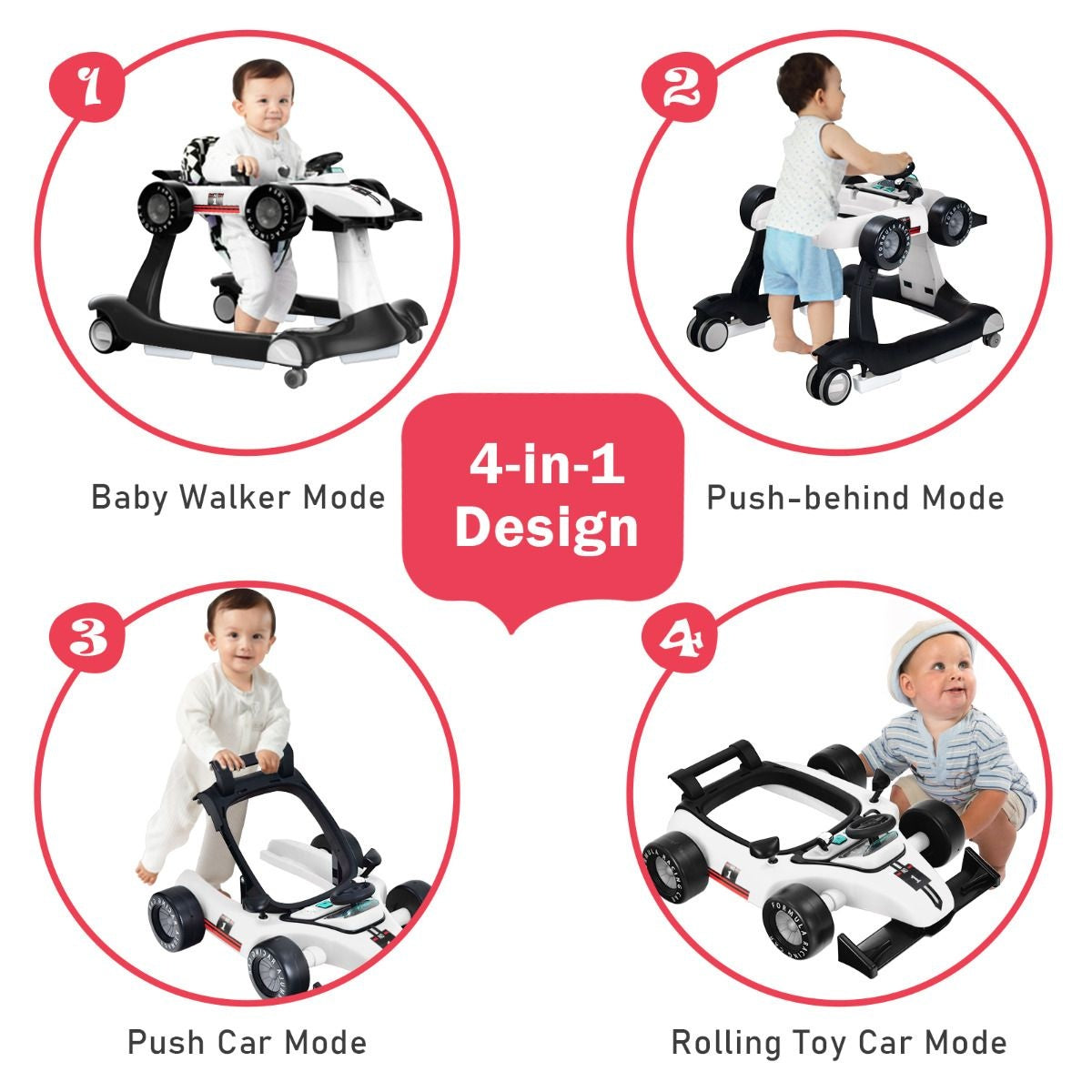 Coast 4-in-1-Kinderwagen - Mit verstellbarer Höhe und Geschwindigkeit Babywagen - Mit Anti-Rutsch-Pads - Zusammenklappbarer Lauflernwagen - Schwarz/Weiß