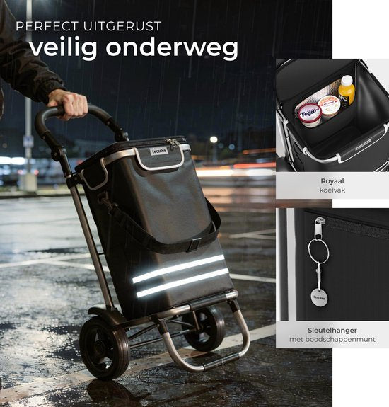 tectake® 3-in-1-Einkaufswagen mit Kühlfach – zusammenklappbar – 56 l Fassungsvermögen – Einkaufswagen – Einkaufstrolley - Auch als Sackkarre und Einkaufstasche verwendbar – Mit Schlüsselanhänger und Einkaufswagenmünze – Schwarz