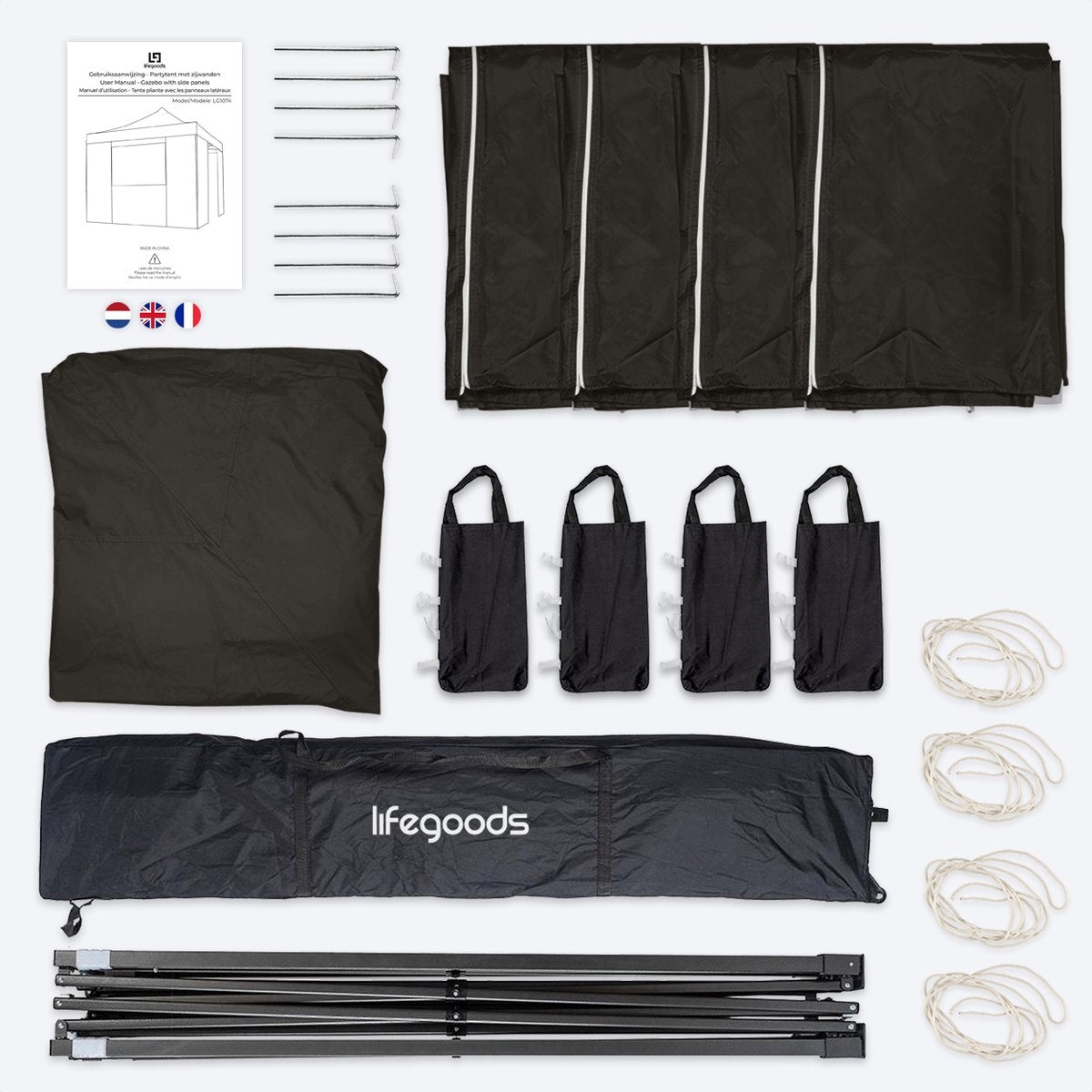 LifeGoods Partyzelt - 3x3 m - Seitenwände - Einfacher Aufbau - Zusammenklappbar - Wasserdicht - Tragetasche mit Rädern - Anthrazit