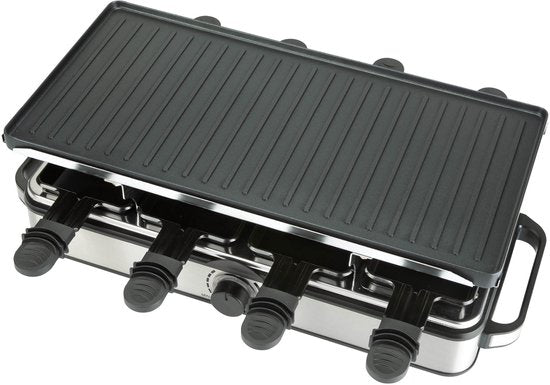 Bourgini Gourmet Raclette Pure - Gourmet-Set mit wendbarer Grill- und Backplatte - Raclette 8 Personen - 21x42 cm - PFAS-freie Beschichtung - Einstellbarer Thermostat - inkl. 8 Spachteln und Pfännchen