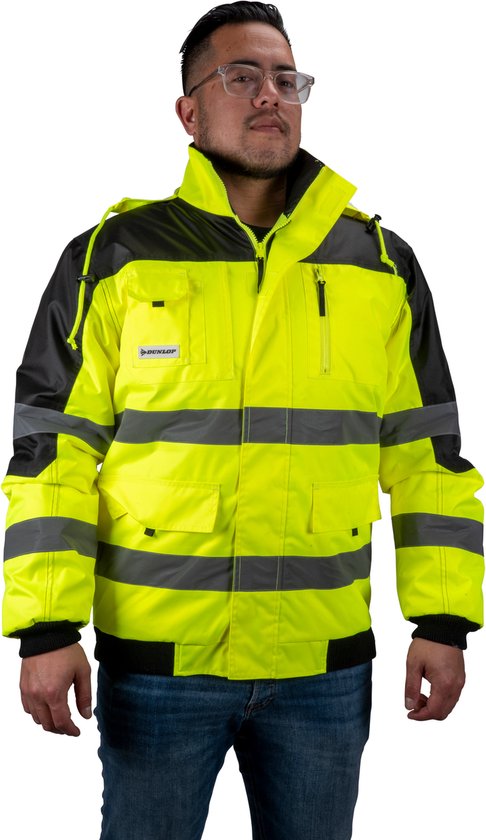 Dunlop Sicherheitsjacke XL – Sicherheitsweste für Erwachsene – Funktionales Design mit Taschen – Fluoreszierend – Bequeme und universelle Passform – PES-Kunststoff – Gelb