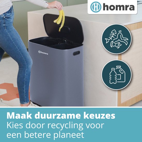 Homra Rockx Pedal Mülleimer 60 Liter - Duo Mülleimer 2X30L mit Geruchsfilter - Edelstahl Mülltrennung Mülleimer 2 Fächer - Recycling Mülleimer - Mülleimer Küchenabfalltrennung - Abfalleimer - Doppelmülleimer Grau