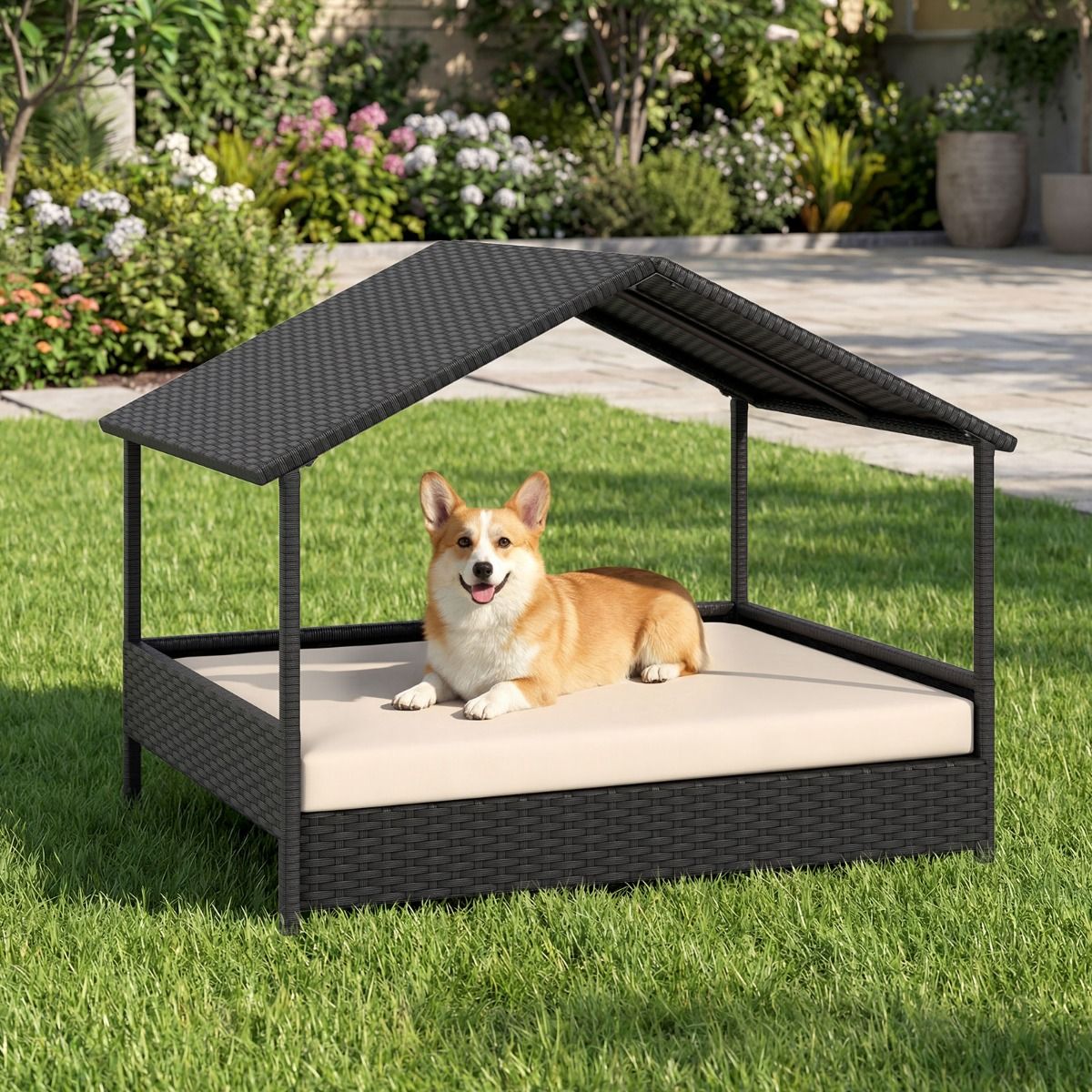Coast Hundekorb mit Baldachin – Erhöhte Rattan-Hundecouch – Inklusive Kissen – Beige