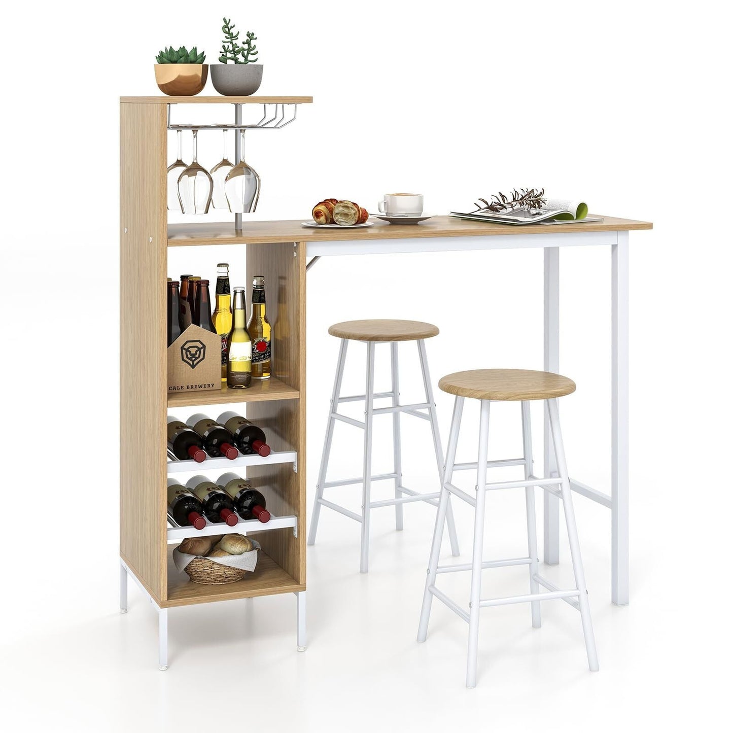 Coast Bar-Tisch-Set mit Weinregal und 2 Hockern - 3 Stück - Weiß