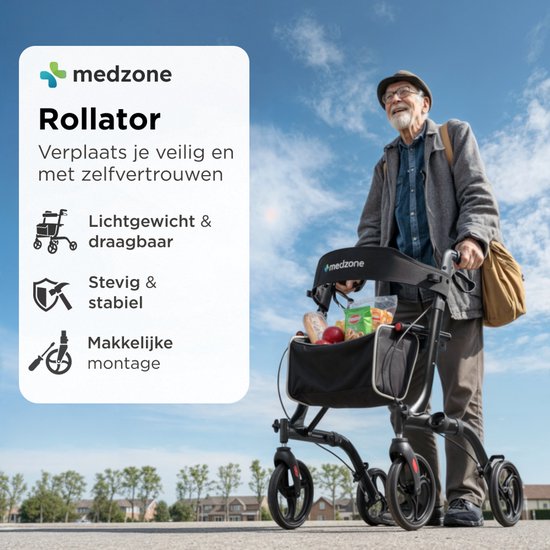 Medzone Rollator leicht und faltbar - für drinnen und draußen - Sitzfunktion - Rückenlehne und Gehstockhalterung - Schwarz