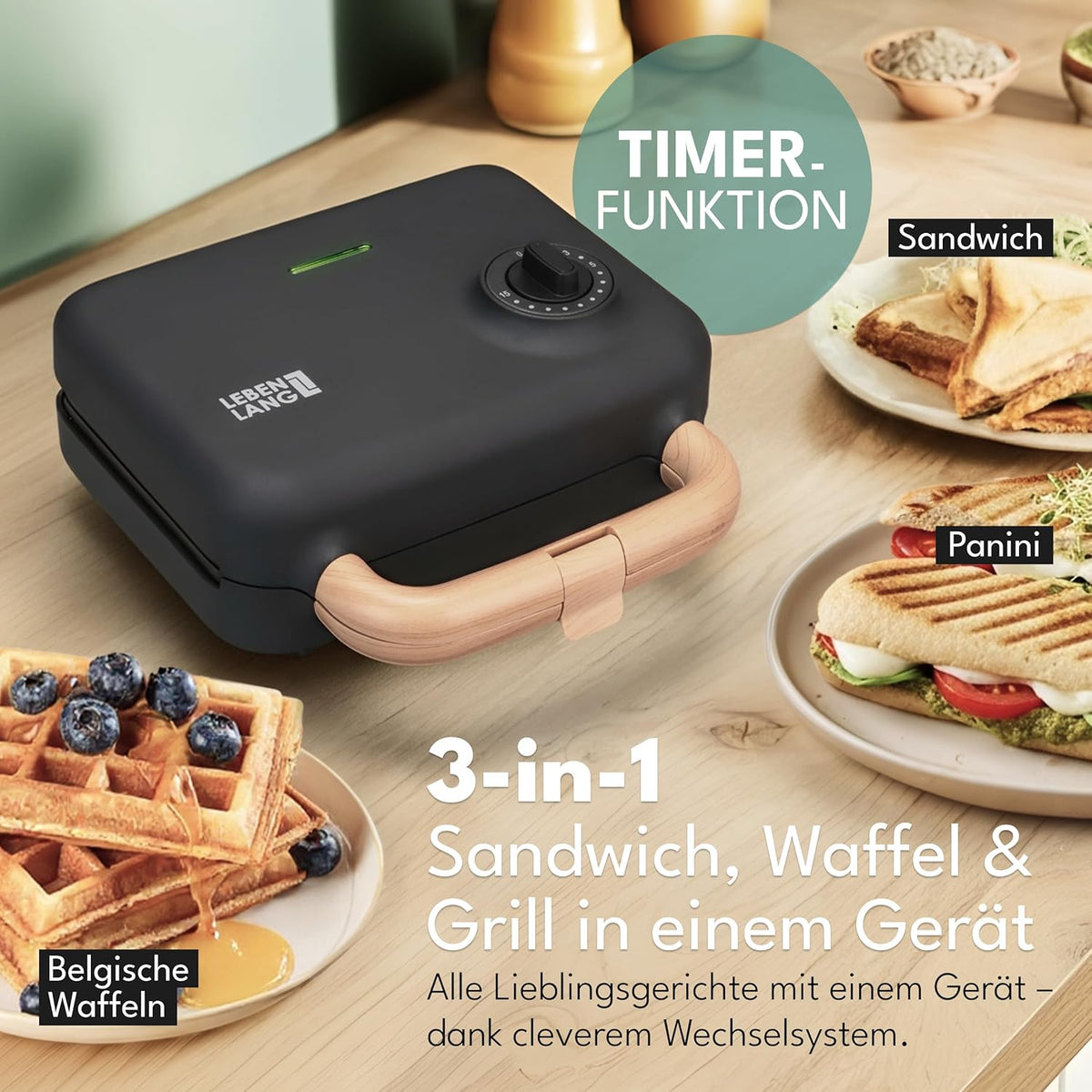 Lebenlang Sandwichmaker 3-in-1 - 23,9 × 23 × 12,2 cm - 750 W - Schwarz - Sandwich - Waffel - Grill