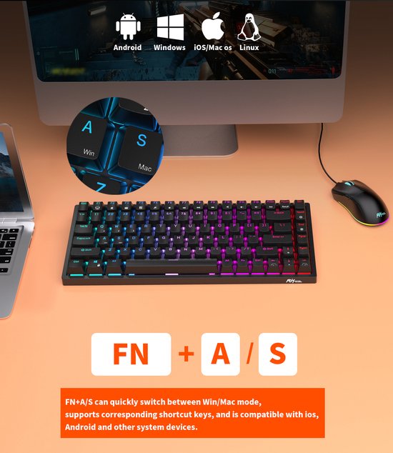 RK84 Gaming-Tastatur Weiß - RGB-Beleuchtung - Hot-Swap-fähig - Tri-Mode - Ergonomische mechanische Gaming-Tastatur mit Wireless-Verbindung - Qwerty - 80% mit Multimedia-Tasten - braune Schalter