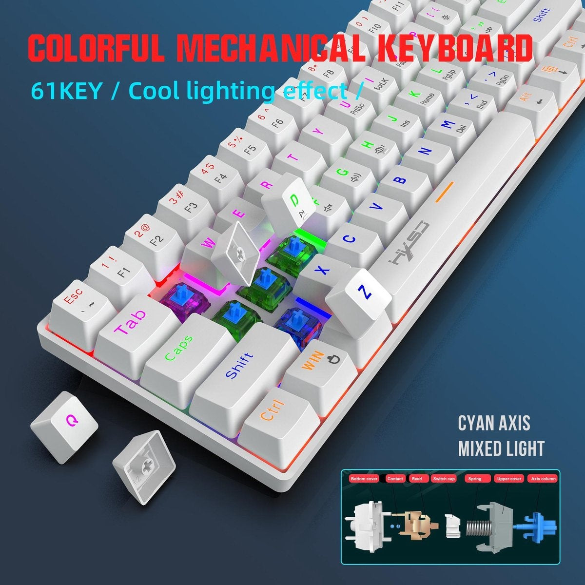 HXSJ V900 - Mechanische Gaming-Tastatur - RGB-Beleuchtung - Ergonomisch - QWERTY - 61 Tasten - blauer Schalter - Weiß