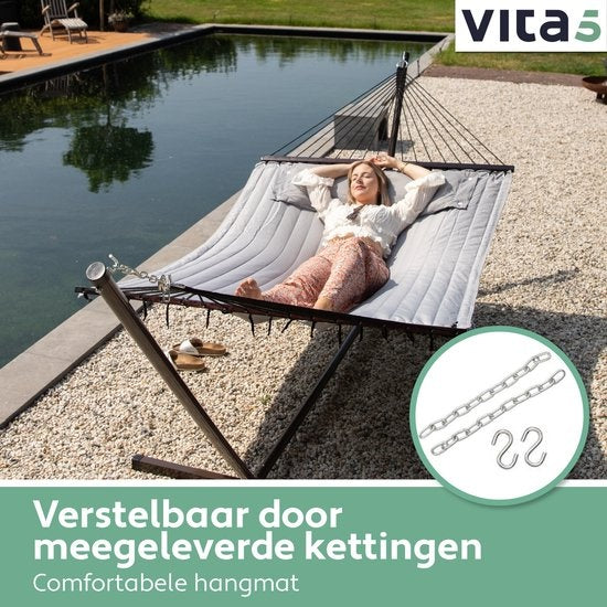 Vita5 Hängematte mit Ständer 2 Schlafplätze - Gartenhängematte mit Spreizstab und Gestell - Grau - UV-beständig - Belastbarkeit bis 200 kg