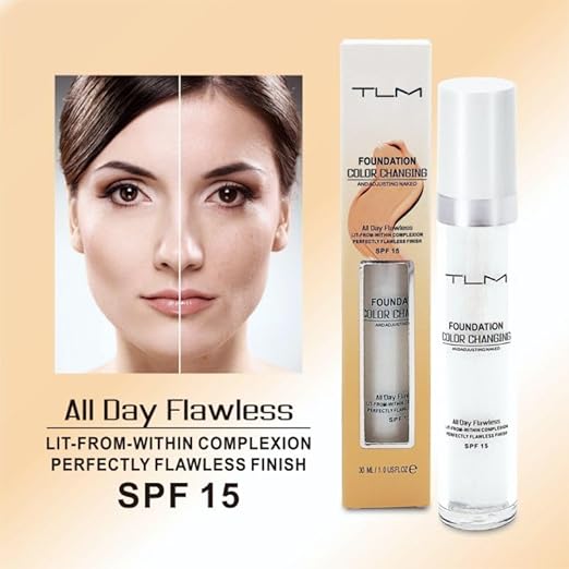 **TLM Foundation – farbverändernde Foundation – passt sich automatisch deinem Hautton an – leicht, feuchtigkeitsspendend und hypoallergen – 24-Stunden-Deckung – wasserfest – Ultra-HD-Make-up**