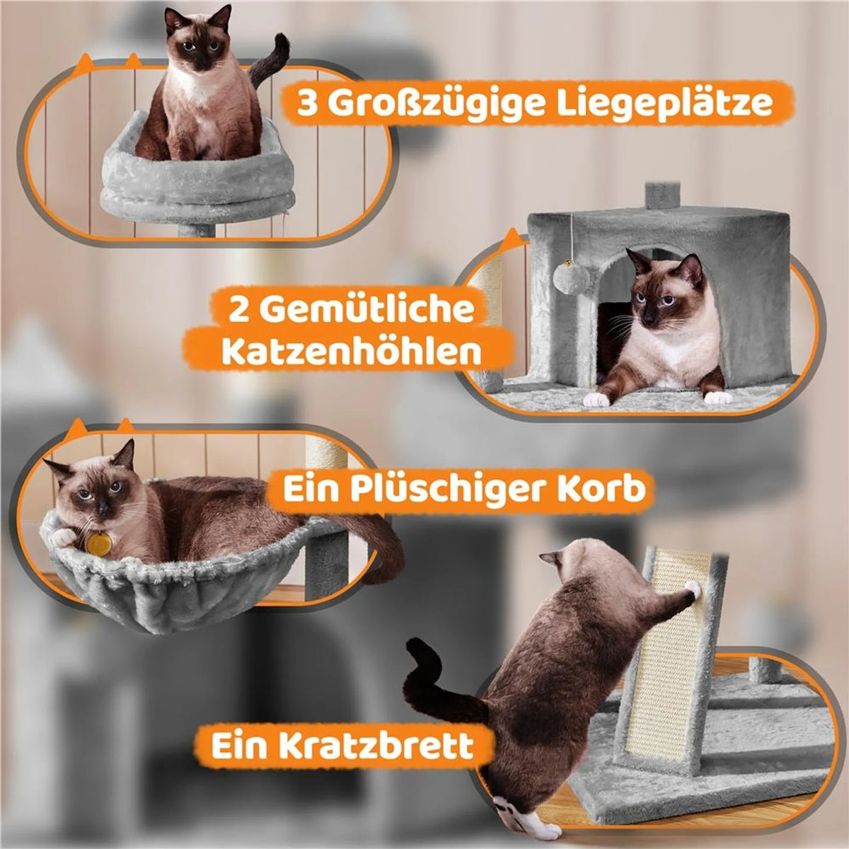 Yaheetech Katzenpfosten XXL mit 3 Aussichtsplattformen - Ausgestattet mit 2 Katzenhöhlen und Kratzbrett und Anti-Kipp-System - Für Haushalte mit mehreren Katzen - Hellgrauer Plüsch und Sisal - 55,5 x 55,5 x 175 cm