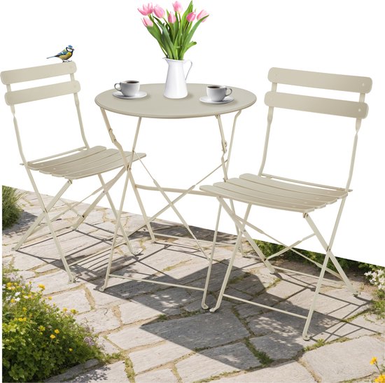 tectake - Klappbares Bistro-Set für 2 Personen mit Stahlgestell, Tisch und Gartenstühlen - Für Balkon und Terrasse - Outdoor-Set - Garten-Set - Klapptisch und Klappstühle - elegantes Design - creme