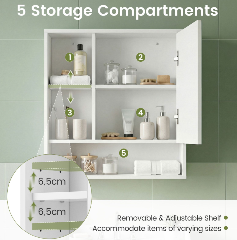 Coast Wandschrank mit Spiegel und verstellbarem Einlegeboden – 56 x 16 x 61 cm