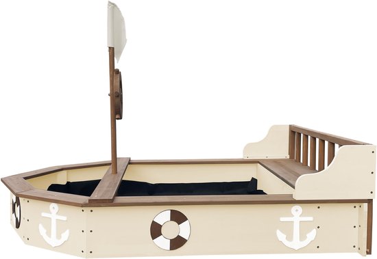 AXI Doris Boot-Sandkasten mit Aufbewahrungsbank, beige – mit Flagge und Holzsteuerrad – inklusive Abdeckplane und Bodenplane – 10 Jahre Garantie!