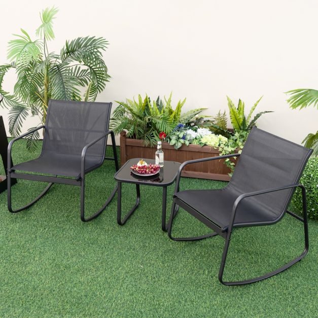 Coast 3-teiliges Schaukelset Balkonset mit 2 Stühlen - 72x61x80 cm - Tisch - 44x44x40 cm - Schwarz - Gartenmöbelset mit sanfter Schaukelbewegung