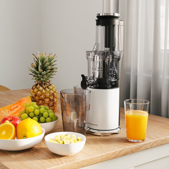 KitchenBrothers Slowjuicer - Vertikal - Entsafter - Gemüse- und Obstpresse - 80 mm - 750 ml - Perlweiß / Weiß
