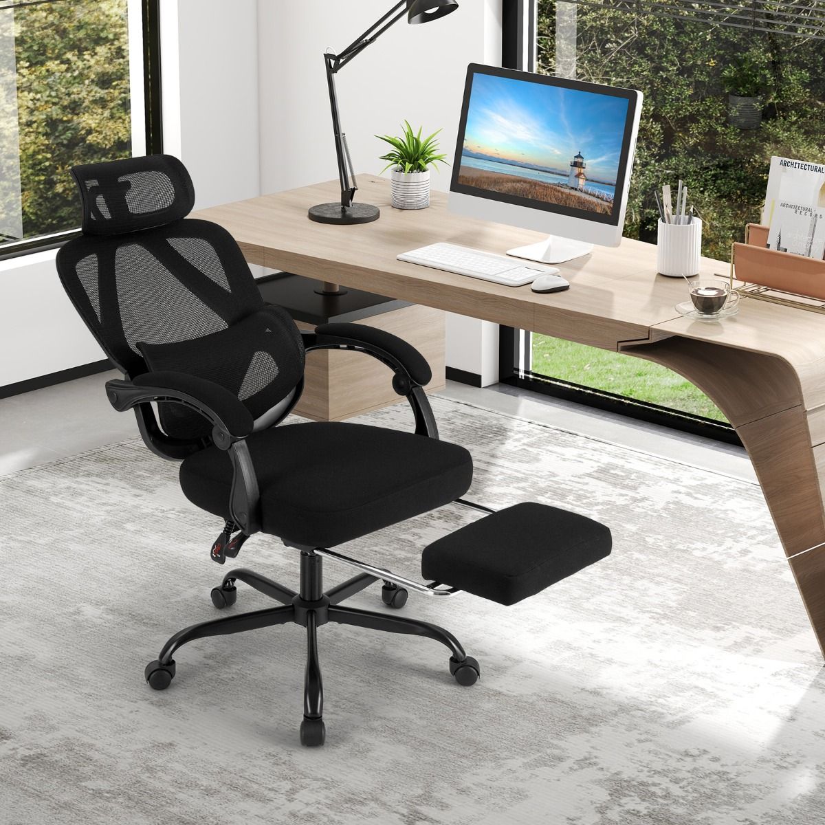 Coast Ergonomischer Bürostuhl – verstellbare Rückenlehne und Kopfstütze – ausziehbare Fußstütze – schwarz