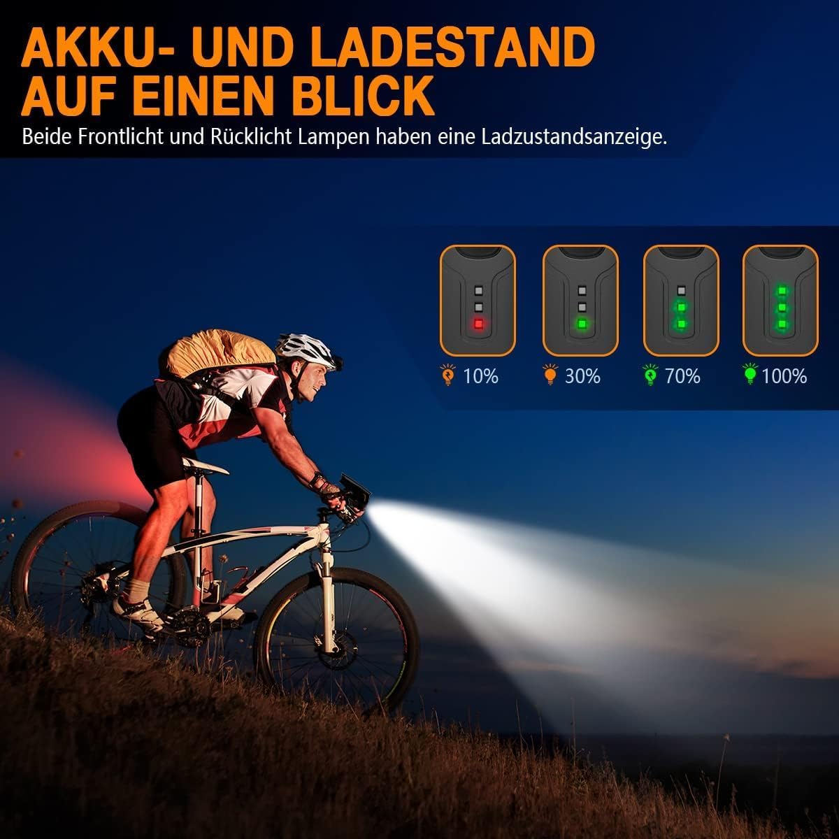 Deilin Fahrradbeleuchtungsset Premium – Mit intelligenter Helligkeitsregelung, Akkustandsanzeige und IPX5-wasserdichtem Gehäuse – Zur Montage am Lenker und für mehr Sicherheit im Straßenverkehr – Schwarzes Polycarbonat – 100 Lux