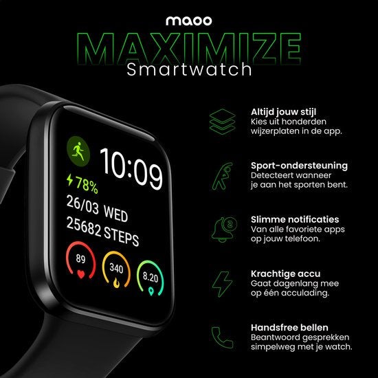 Maoo Maximize Smartwatch - Volle Klingelfunktion, Herzfrequenzmesser, Schrittzähler, Multisport - Android & iOS - Schwarz