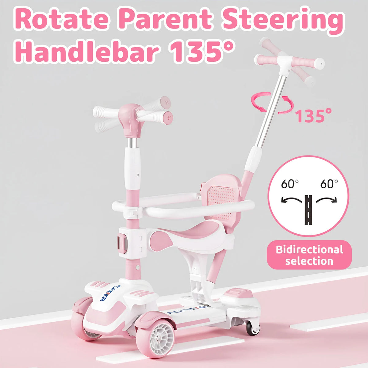 Neuleb 4-Rad-Roller für Kinder von 3 bis 8 Jahren, Kick-Roller mit drehbarem Sitz, maximale Tragkraft 100 kg, höhenverstellbar, Lenkung durch Neigen, für Jungen und Mädchen geeignet, rosa