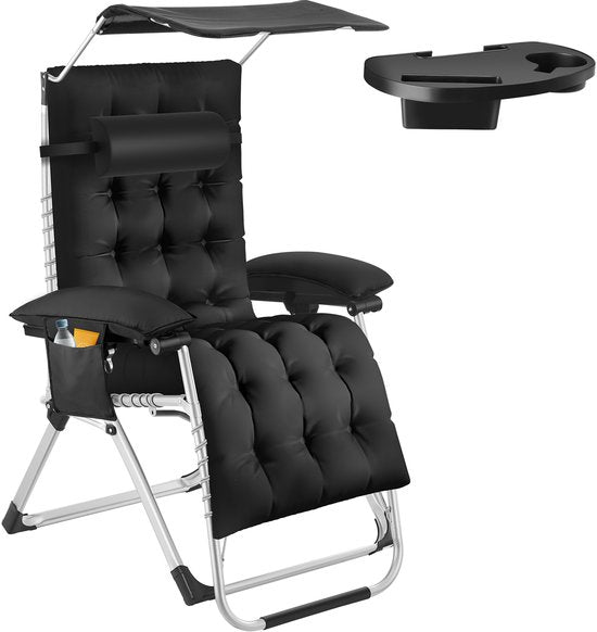 tectake® Klappbarer Liegestuhl Cloud mit Sonnenschirm - Gartenstuhl mit Tisch - Getränkehalter - stufenlos verstellbar - für Balkon, Camping oder Garten - Relaxsessel mit extra dickem Kissen - Strandkorb - Liege - verschiedene Farben - Schwarz