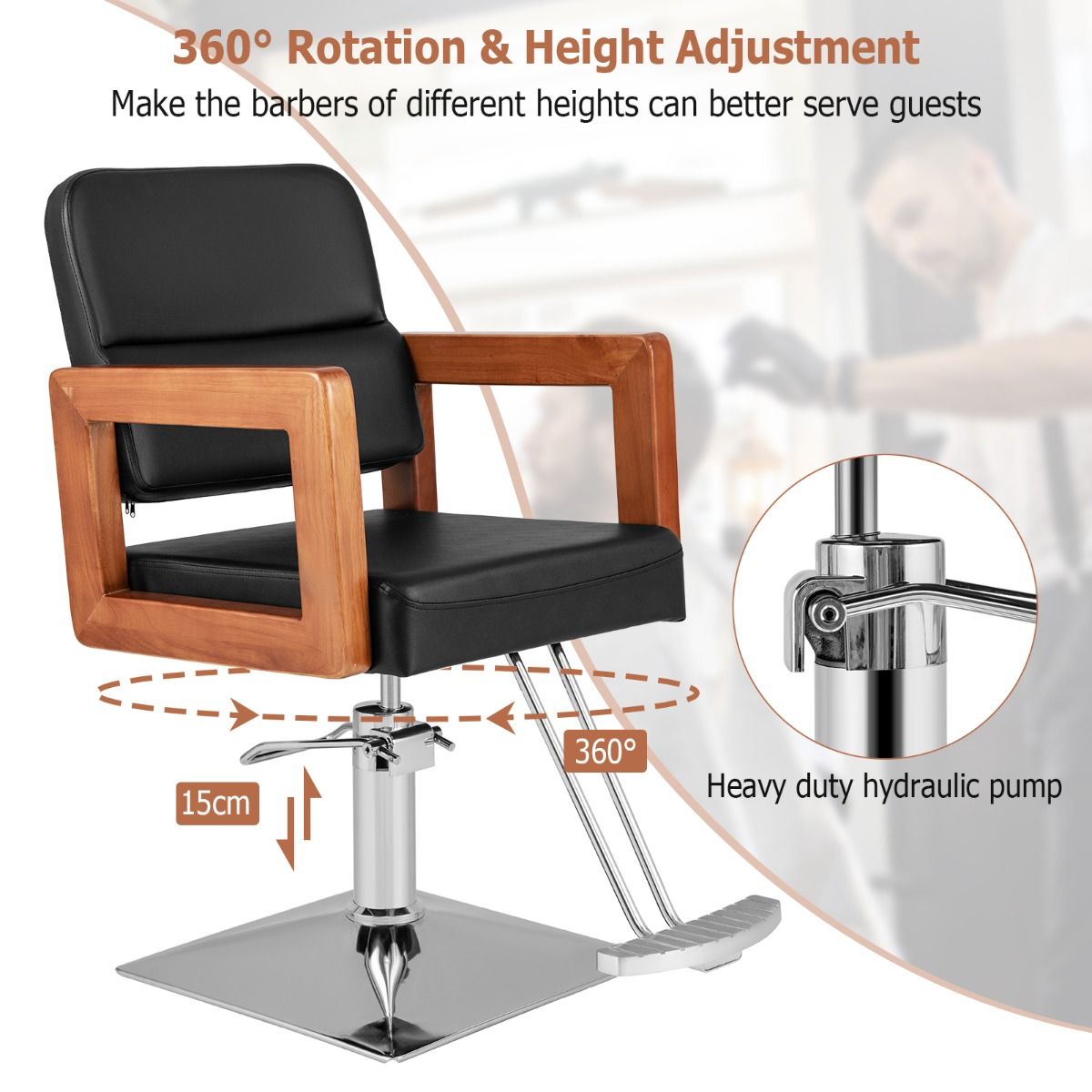 Coast Hydraulischer Friseurstuhl – um 360° drehbar – höhenverstellbar – Armlehnen aus Massivholz – schwarz