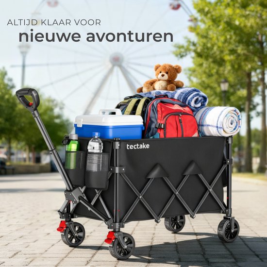 tectake® Handkarren – Zusammenklappbar – 80 kg Tragkraft – Schwenkbare Vollgummiräder mit Bremse – 45 x 88 x 95 cm - Handkarren – Transportwagen – Mit verstellbarer Schubstange – Handkarren – Wasserabweisender Transportwagen – Mit Ablagebrett und Innenfac
