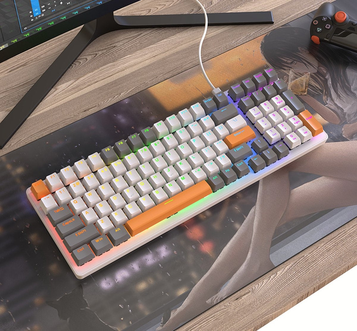 Fuegobird K3 Mechanische Gaming-Tastatur - 100 Tasten - Roter Schalter - QWERTY - Mechanische Tastatur mit RGB-Hintergrundbeleuchtung - Weiß/Orange
