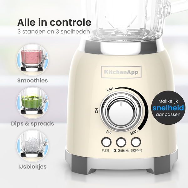KitchenApp Retro-Mixer mit 1,5-Liter-Glasbehälter – 800 W – Eiswürfel, Smoothies und Pulsfunktion – stufenlos regelbar – Beige