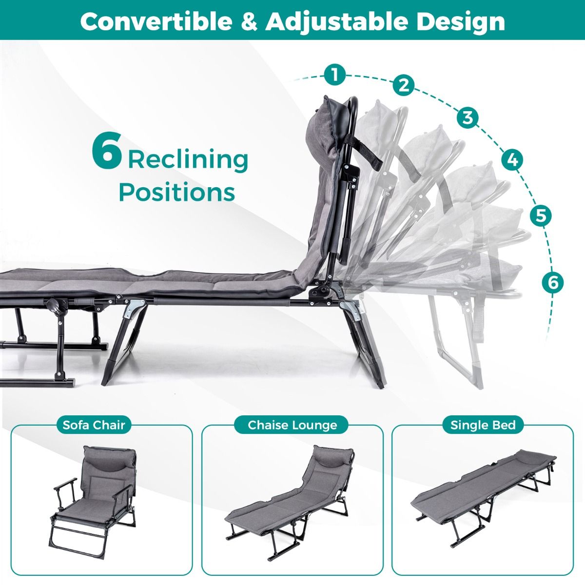 Coast Faltbares Campingbett 3-in-1 – verstellbare Rückenlehne – Kopfstütze – grau und schwarz