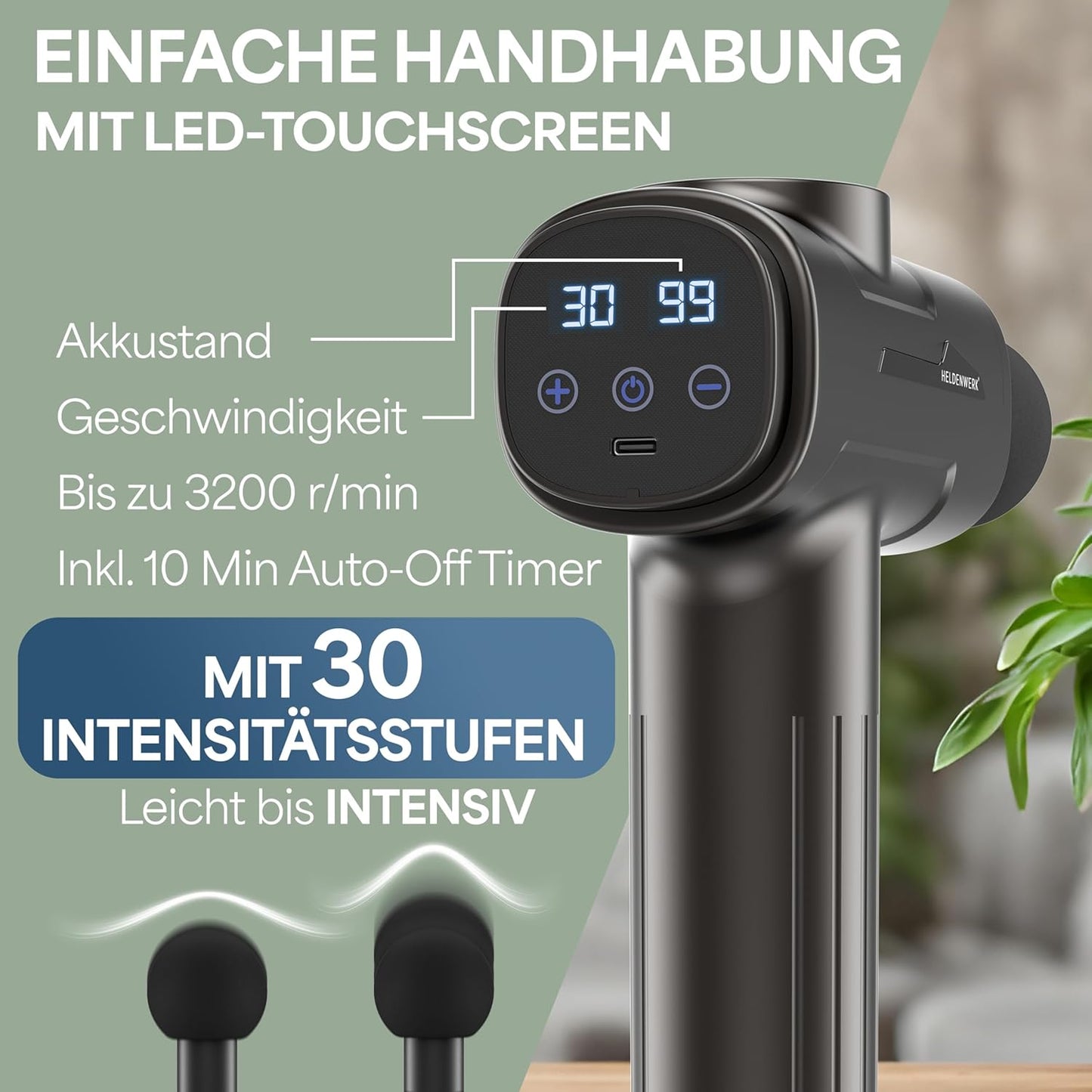Heroism Massage Gun - 6 Massageköpfe - 30 Geschwindigkeiten - USB-C - Grau